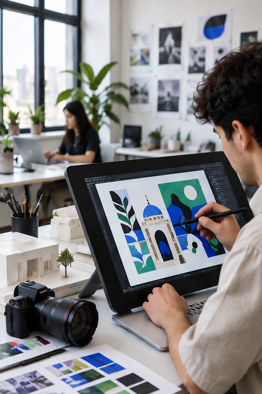 Kreativ studiyada grafik loyiha ustida ishlayotgan dizayner